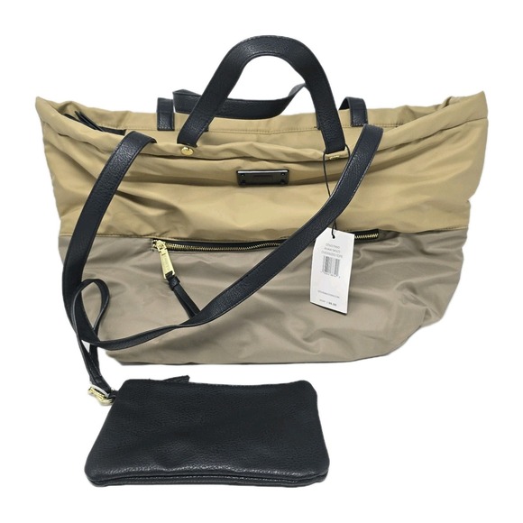 Steve Madden Khaki Oversized Nylon Tote w/ Wristlet Weekender Black 2 Pieces New - Picture 1 of 7